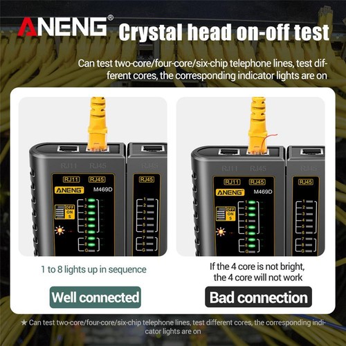 M469D RJ45 RJ11 Network Cable Tester Telephone Line Detector (Yellow) - Afbeelding 9 van 11