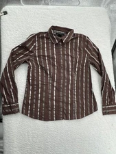 Attention Shirt Women's Brown Striped Long Sleeve Button Up Size M Medium Collar