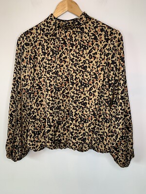 QED London Animal Print Blouson Top High Neck Satin Size S
