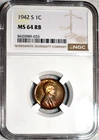 NGC MS-64 RB 1942-S Lincoln Cent, Richly Hued Toner w/ Green & Purple Accents!