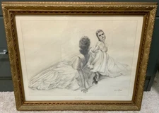 ANTIQUE ALL ORIGINAL Charcoal DRAWING Artist SIGNED Under GLASS *ON STAGE* FRAME