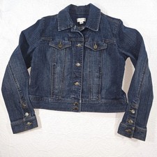 Cotton Cropped Denim Trucker Jacket Dark Blue Wash Trucker Classic Size 10