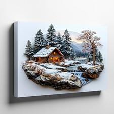 Winter Cabin Wall Art Canvas Snow Pine Trees Stream Waterfall Nature Print Decor