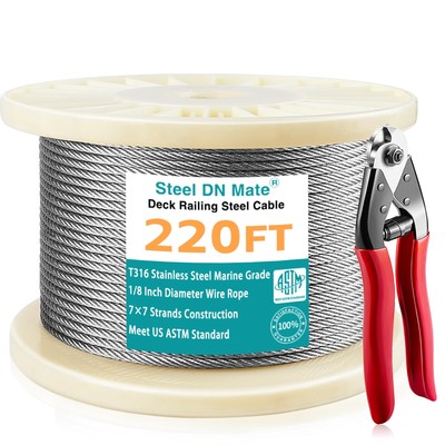 220FT 1/8'' T316 Stainless Steel Cable for Deck Railing System, 7x7 Strands Wi...