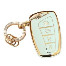 Hyundai Key Fob Cover Shell With KeyChain Fit for Genesis Santa Fe Gold-white