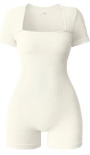 NEW OQQ Cream Short Sleeve Shorts Romper Yoga Stretch Square Neck Exercise Rib