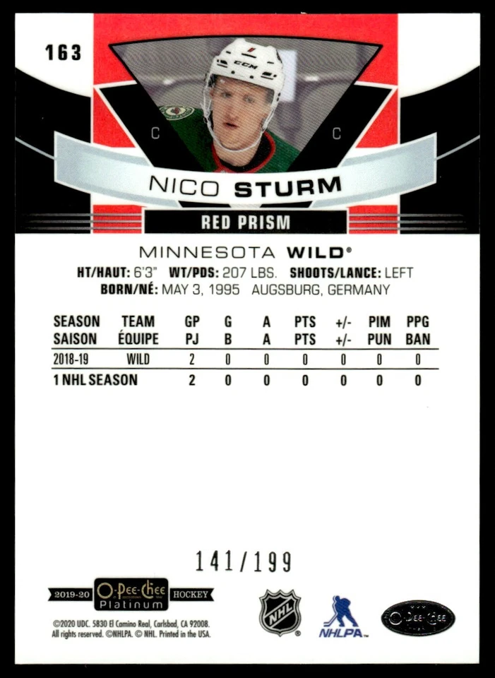 2019-20 O-Pee-Chee Platinum Red Prism Nico Sturm 141/199 Minnesota Wild #163 - Image 2 of 2