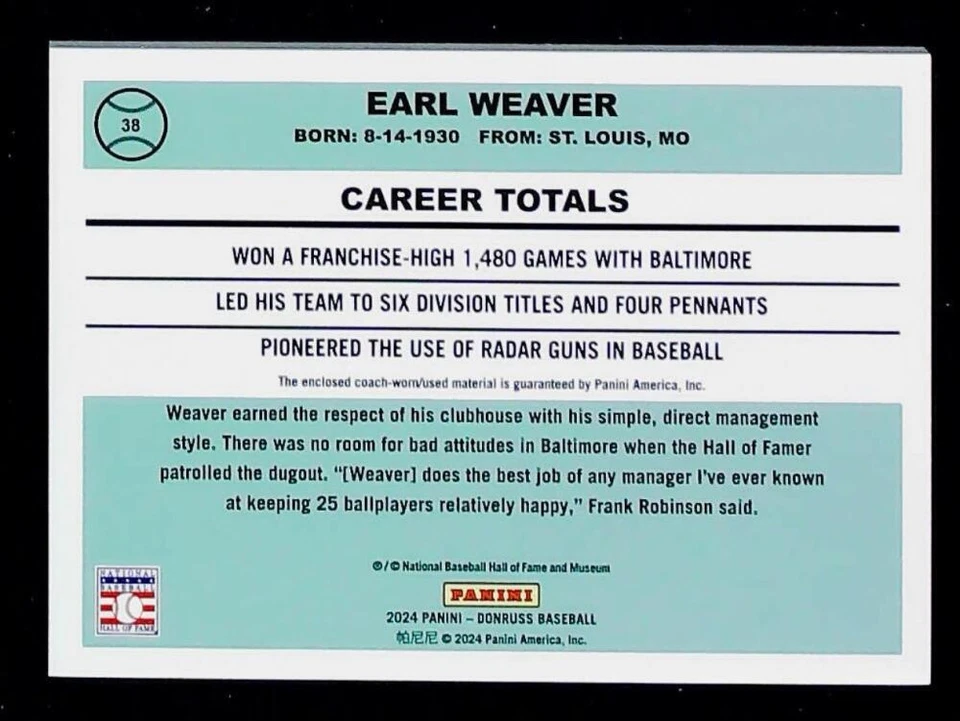 2024 Donruss Retro 1984 Materials Gold #38 Earl Weaver Used Jersey 8/10 Orioles  - Image 2 of 2