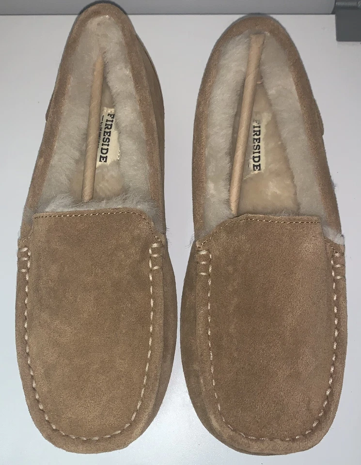 Zapatillas para mujer FIRESIDE Dearfoams Mel mocasín de piel de oveja genuino, castaño 7W Foto 3 de 4