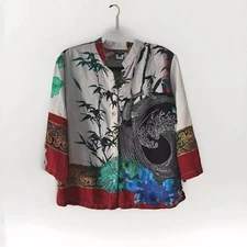 Citron Santa Monica Button Front Top Womens Size Small Koi Fish Artsy 3/4 Sleeve