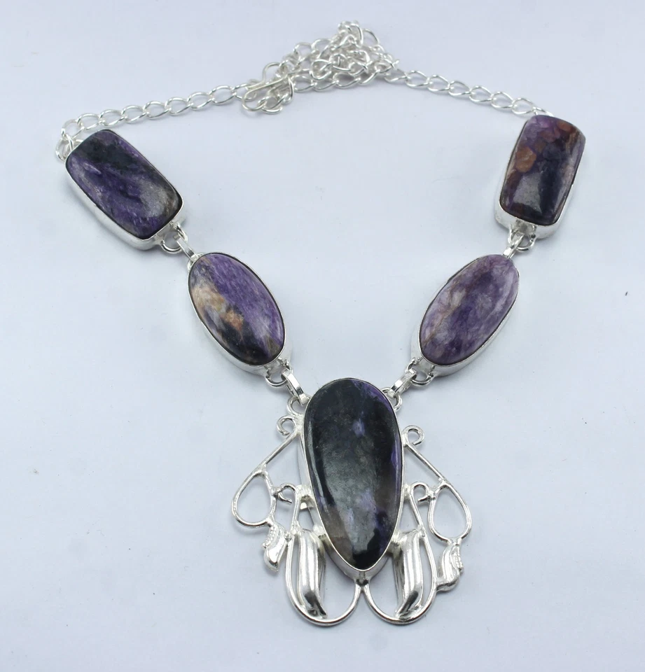 925 Sterling Silver Charoite Gemstone Beautiful Cable Chain Necklace Jewelry - Image 3 of 4