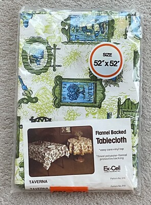 #ad Vintage Flannel Backed Tablecloth Taverna Ex Cell 52” X 52” NOS $39.99