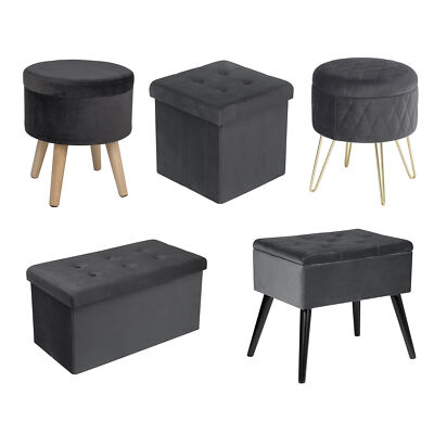 Sitzhocker mit Stauraum Deckel Abnehmbar Gepolsterte Sitzfläche Samt Grau#2158