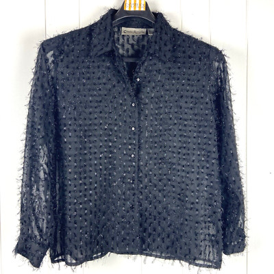 Claudia Richard Blouse Sheer Black Long Sleeves Button Up Shinny Accents Size L