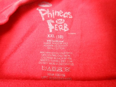 シャツ Disney Phineas and Ferb Boys T Shirt XXL 18 Red Pre Shrunk Cotton