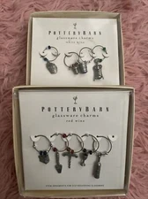 9 Pottery Barn Glassware Charms Wine Stem Ornaments Cork Bottle Keg Red & White