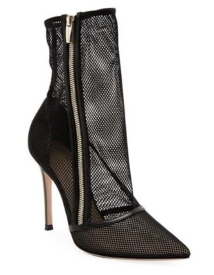 Gianvito Rossi Katniss Black Mesh Stiletto Heel Ankle Boots Booties 37, NEW