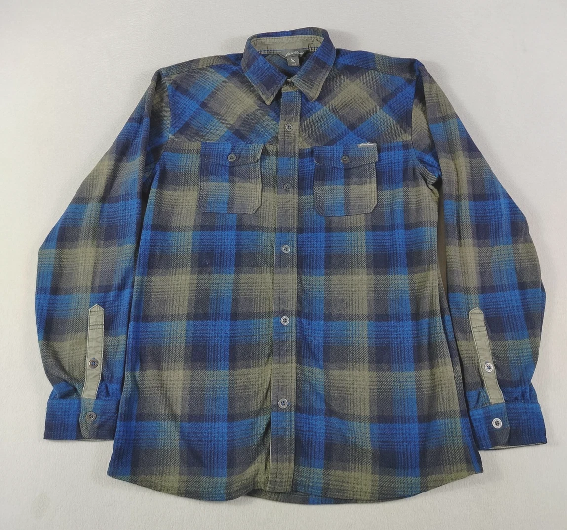 Eddie Bauer Fleece Shirt Mens Medium Blue Plaid Button Front Outdoor Cabincore