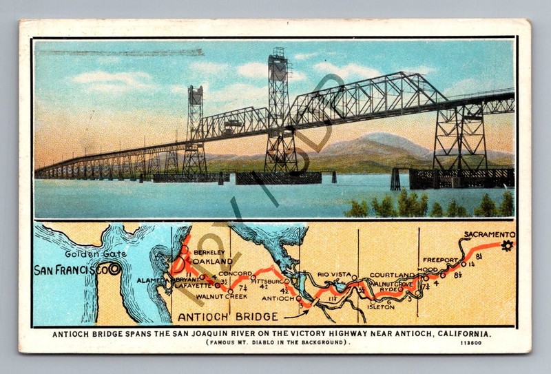 Vintage Antioch Bridge Postcard Victory Highway Mt. Diablo Map California 1920s