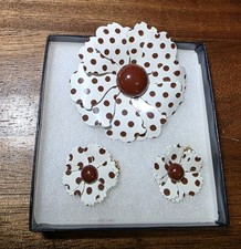 3pc Vtg 1960s Enamel Metal Flower Brooche Pin, Earrings Retro Polka Dot Floral