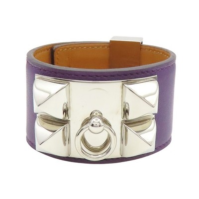 HERMES Collier de Chien cuff Bracelet Purple Leather Silver Plated