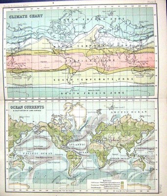 Alte Druckkarte um 1901 Klimakarte Meeresströmungen Anbau Landfläche 20.