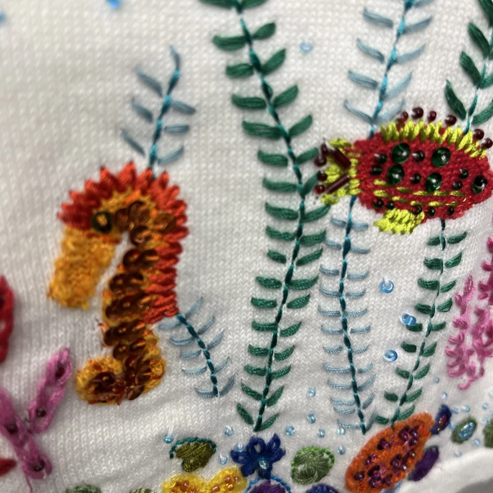 Quacker Factory Sweater Cardigan Embroidery Sequins Short Sleeve Size 1X Off Whi - Image 4 of 4