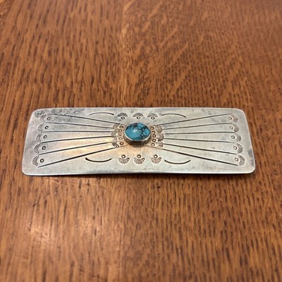 Navajo Sterling Silver Hand Stamped Large 3.5  Rectangle Brooch Turquoise Be
