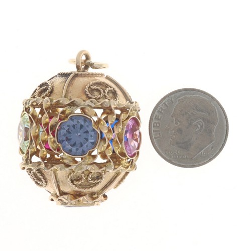 Yellow Gold Lab Created Spinel Ruby Sapphire Vintage Ornate Ball Charm 14k Round - Picture 5 of 8