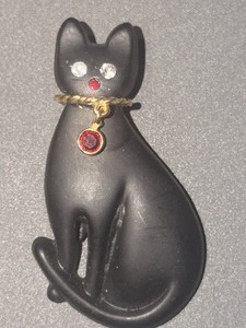 Vintage Matte Black Cat Brooch Pin Rhinestone Eyes Red Collar Charm Halloween