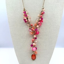Vintage 90s Gold Tone Beaded Statement Y Necklace Women's Classic Jewelry Retro