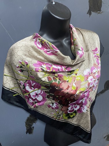 Used Gucci Floral Silk Scarf with Pink Orchid Design Women