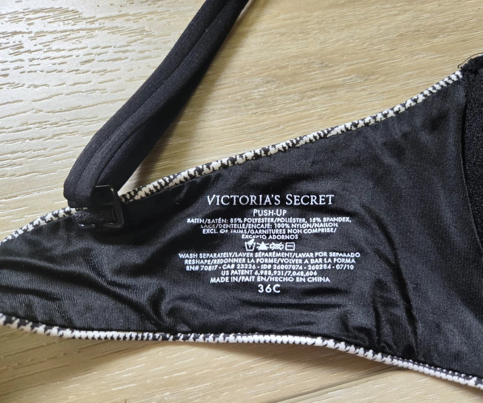 Vintage Victoria's Secret Houndstooth Satin Lace Push-Up Underwire Bow Bra 36C - Image 3 of 3