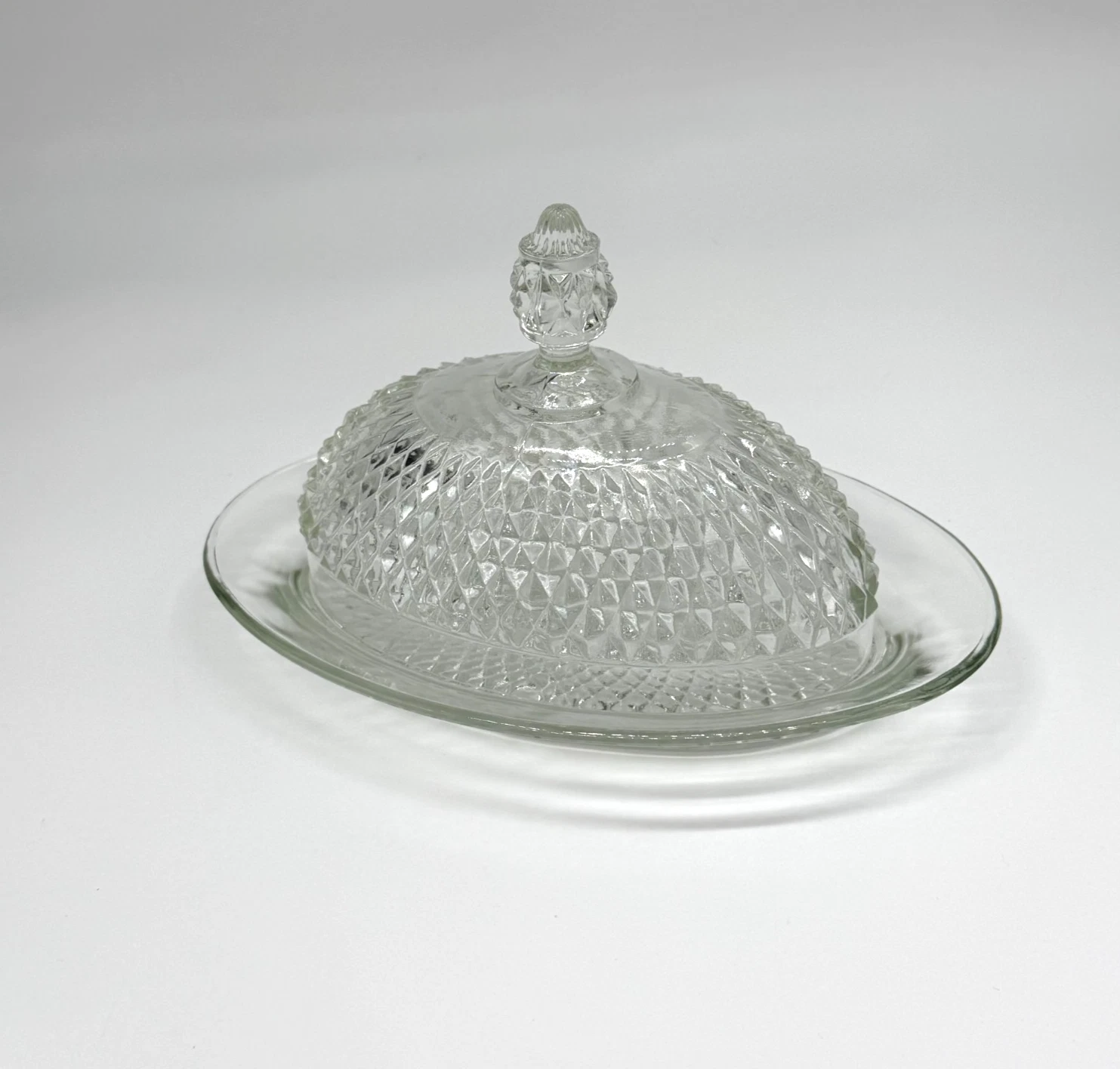 Vintage Pressed Glass Butter Dish Diamond Point Lid Oval Clear Dish