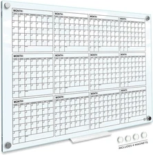 Magnetic 34”x46” Glass Whiteboard Calendar Yearly Dry Erase Planner for Wall ...