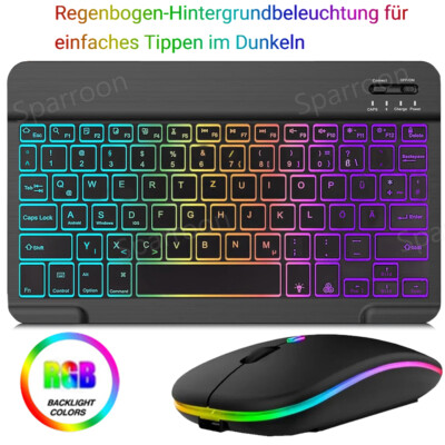 Für Lenovo Tab Beleuchtete Tastatur Funk Maus Wireless Bluetooth Layout QWERTZ