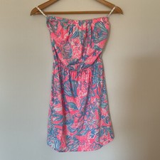 Lilly Pulitzer Windsor Summer Siren Pink Sun Ray Strapless Dress XS Pima Cotton