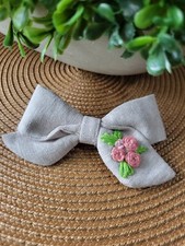 Hair Bow Girls Women Hair Clip Neutral Hand Embroidered Floral Flax Unique Gift