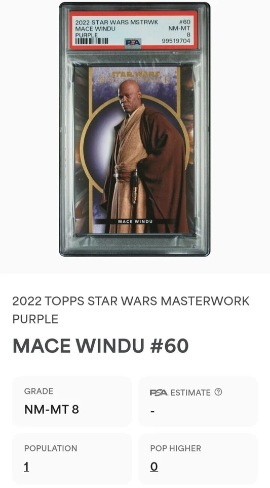 POP 1! 2022 Topps Star Wars Masterwork Mace Windu /50 Purple #60 PSA 8 - Image 3 of 3