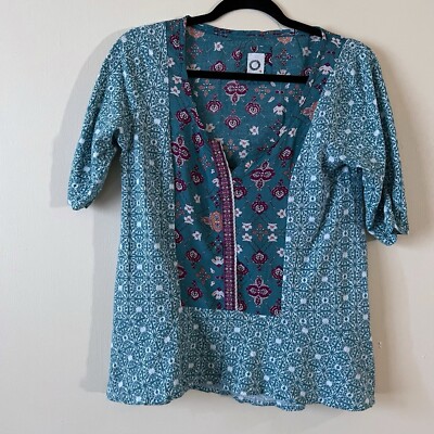 Anthropologie  Akemi & Kin Teal Pattern Floral Print Shirt  Short Sleeve SZ M