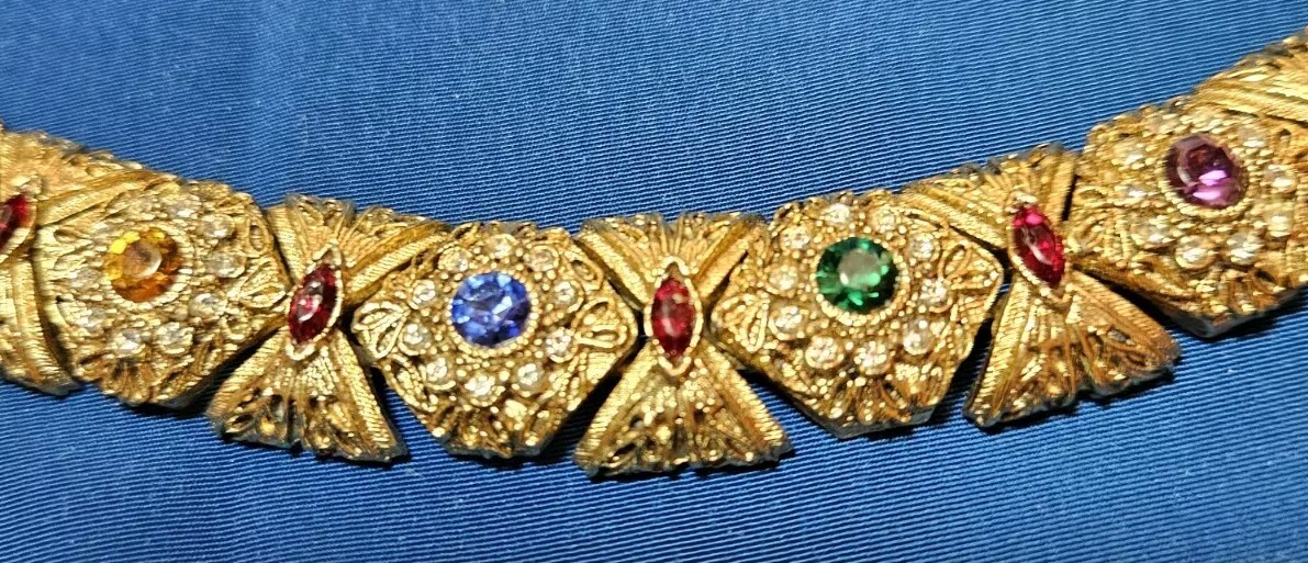 Unsigned Multi-Colored-Stone Link Gold Tone Brace… - image 3