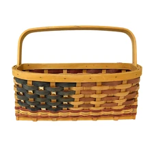 Country Cottage Patriotic Woven Wood Hanging Basket American Flag Stars & Stripe