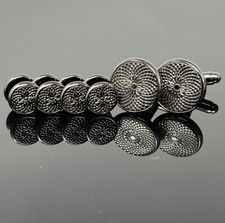 Gunmetal Tone Round Sunburst Cufflinks And Dress Shirt Studs Set Men Gift