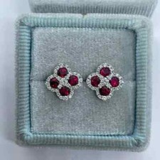 2Ct Round Cut Halo Lab Created Red Ruby Stud Earrings 14k White Gold Plated