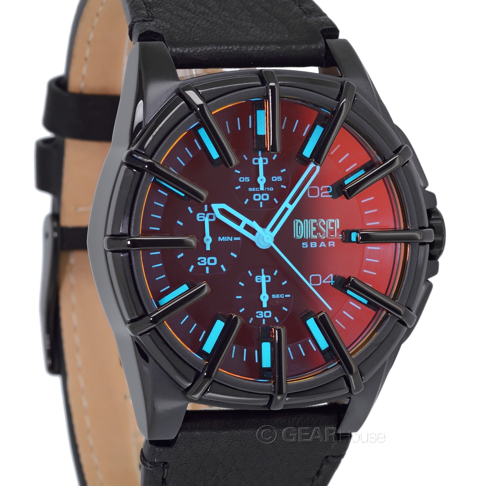 Мужские часы с хронографом DIESEL в рамке, переливающийся красно-синий циферблат, черная кожа