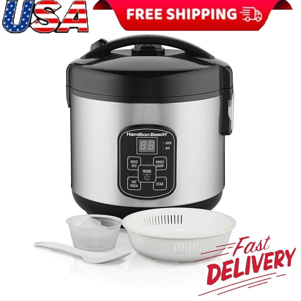 Digital Programmable Rice Cooker Food Steamer 8 Cups Cooked Steam Rinse Basket