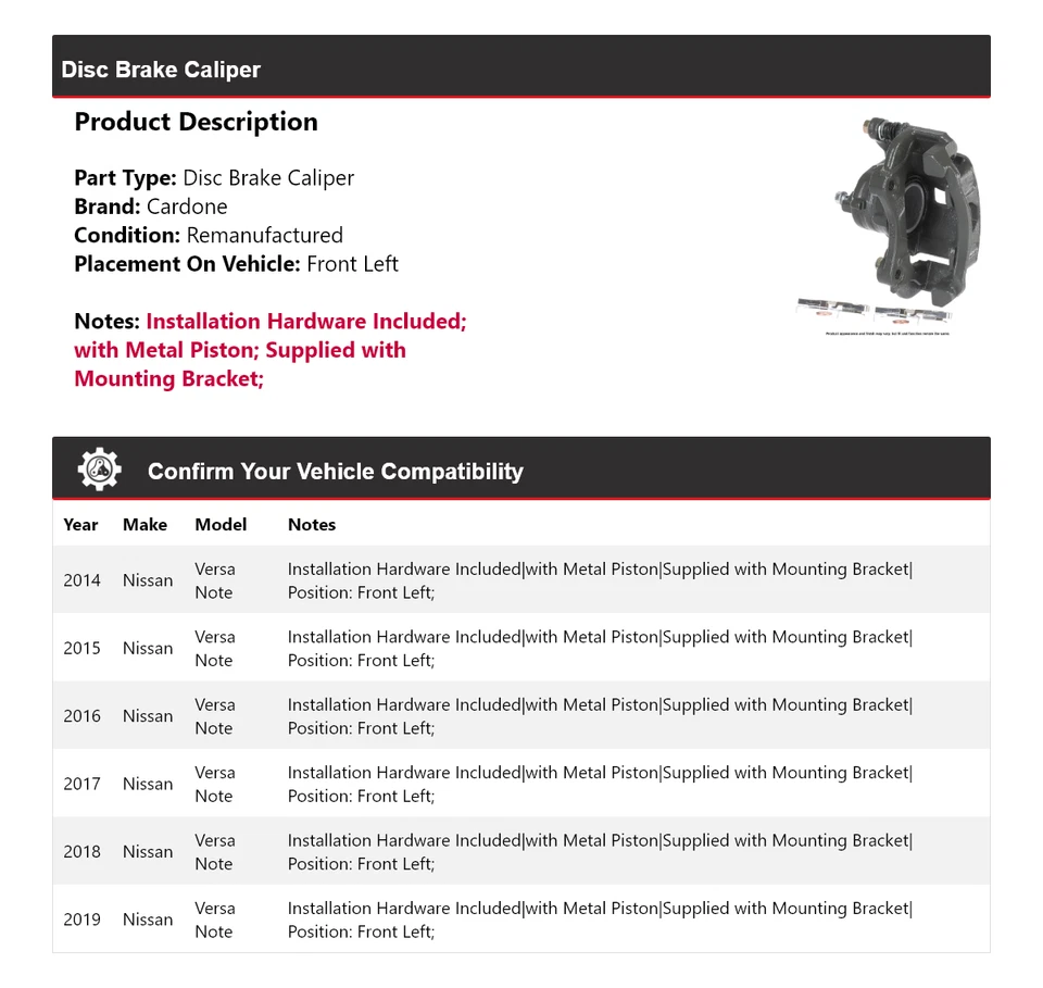 Para 2014-2019 Nissan Versa Note pinça de freio a disco dianteira esquerda Cardone 2015 2016 - Imagem 2 de 4