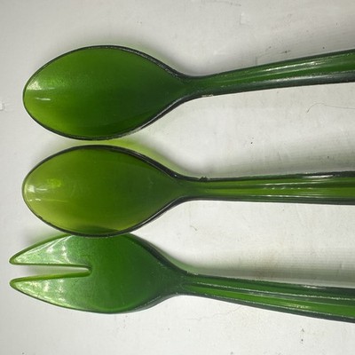 Indiana Glass Avocado Green Plastic Salad Fork Spoon Vintage MCM Serving Utensil