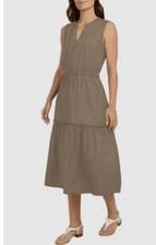 Lands' End Women's Large Rayon Midi Dress Tiered Elastic Waist Tan V-Neck NWT