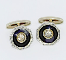 Art Deco Cufflink set Black Onyx and Rhinestone Silver Metal Fixed Backs
